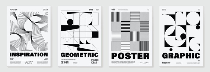 Aufkleber - Abstract monochrome poster background vector set. Modern cover template with black and white perspective geometric prism shape, line. Ideal design for social media, banner, ads. 