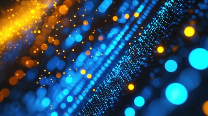 Poster - Abstract 3D visualization of glowing blue and orange dots representing digital data flow. Great for tech backgrounds, AI visuals, and futuristic digital concepts