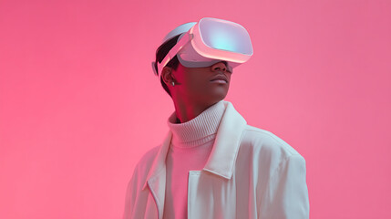 Poster - Woman wearing vr headset experiencing virtual reality metaverse gaming and futuristic technology world