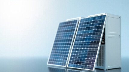 Poster - Solar Panel System: Two sleek solar panels stand neatly in a modern, minimalist display, showcasing their clean energy potential.  The panels are angled slightly.
