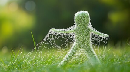 Poster - A beautifully intricate figure composed of delicate spiderwebs glistening with the morning dew and surrounded by lush green grass