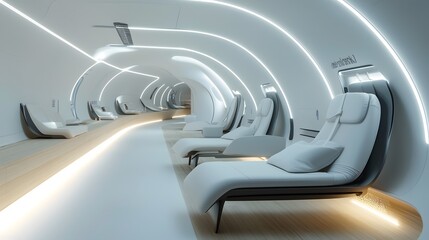 Leinwandbilder - A futuristic and innovative hyperloop pod interior featuring a sleek minimalist design with curved lighting panels comfortable seating and a spacious technology driven layout