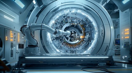 Fototapete - A high tech robotic arm methodically assembling the internal components of a wind turbine illuminated by cool toned LED work lights in an industrial factory setting