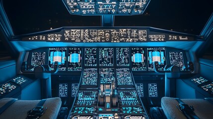 Poster - A sleek and technologically advanced airplane cockpit with a digital dashboard illuminated by vibrant blue LED panels and featuring an array of detailed flight controls and navigation screens