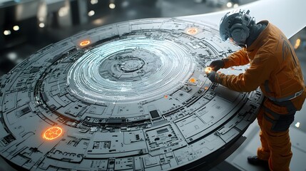 Poster - A technician in protective gear carefully adjusting the fiber optic sensors on a highly advanced wind turbine control panel with glowing indicators and a futuristic technology driven interface