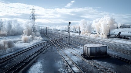 Poster - A vast winter landscape with a railway yard filled with train tracks freight containers and power lines covered in snow and frost