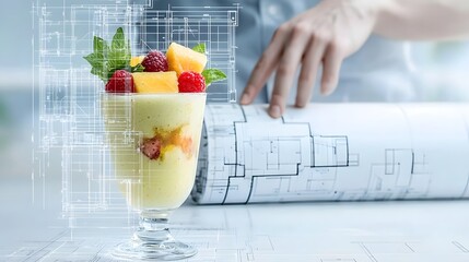 Poster - A vibrant fruit smoothie in a glass set against a rolled up architectural blueprint symbolizing the intersection of creativity technology and healthy living