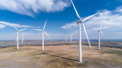 Poster - Aerial drone shot of a wind farm with numerous wind turbines generating renewable energy in a rural open landscape under a bright cloudy sky
