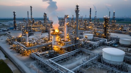 Poster - Aerial shot of a large industrial oil refinery complex with numerous storage tanks pipelines and smokestacks glowing with heat emissions at dusk