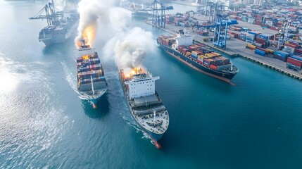 Poster - Aerial thermal view of a busy harbor filled with cargo ships container vessels and bustling logistics in a major port city