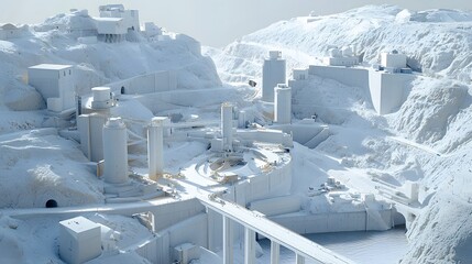 Poster - Aerial view of a frozen snow covered urban landscape with minimalist architectural structures likely an industrial or energy production facility