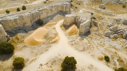 Poster - An aerial view of a vast arid desert landscape featuring towering sand dunes and weathered rocky formations creating a striking and rugged natural scene