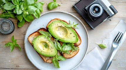 Poster - Artfully arranged avocado toast featuring fresh basil leaves served on a wooden table with a retro in the background capturing a moment of healthy delightful breakfast