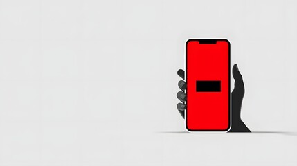 Poster - Close up view of a person s hand holding a modern smartphone with a red colored screen against a plain minimalist background