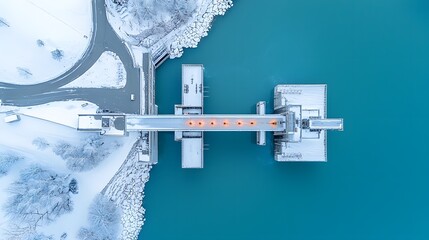 Poster - Detailed infrared aerial view of a hydroelectric dam capturing the temperature differences between the water and concrete structures within the facility