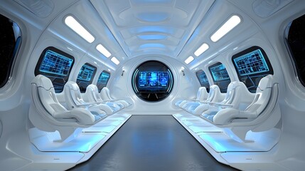 Poster - Sleek and modern interior of a futuristic space shuttle passenger cabin featuring zero gravity seats ambient blue lighting and holographic navigation panels for an advanced space travel experience