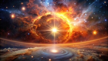 Wall Mural - a celestial tapestry radiant star birth in a fiery nebula, encircling a serene planet with swirling 