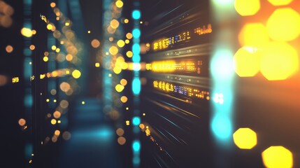 Aufkleber - Server corridor with glowing orange and blue lights and floating digital particles. Perfect for cloud systems, cybersecurity visuals, and modern tech background themes