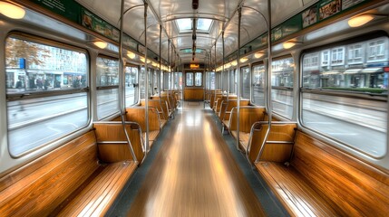 Poster - The interior of a historic tram with polished wooden benches ornate lighting fixtures and metal handrails creating a nostalgic atmosphere for public transit passengers
