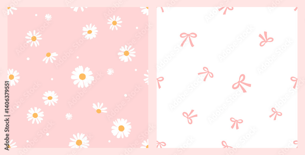 Seamless patterns with daisy flower and ribbon bows on pink and white ...