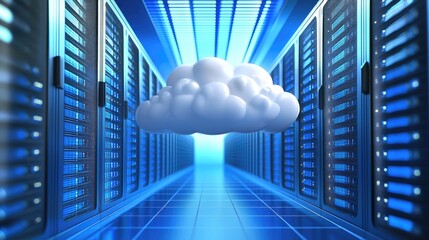 Aufkleber - 3D-rendered cloud floating in a glowing blue server room, representing cloud storage and digital data environments. Ideal for cloud computing, IT, and digital transformation