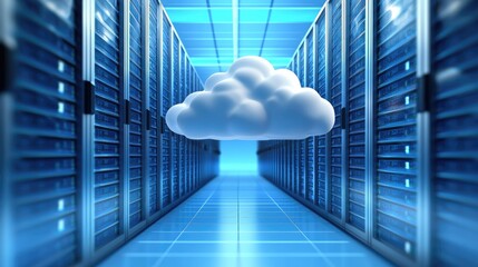 Aufkleber - 3D illustration of a cloud floating in a futuristic server room, symbolizing cloud computing and digital storage. Great for cloud services, IT, and data infrastructure topics