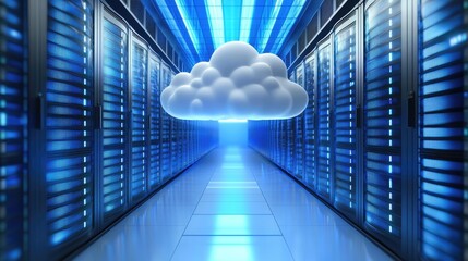 Aufkleber - 3D cloud symbol hovering in a blue-lit server room, representing modern cloud computing, digital storage, and virtual infrastructure. Ideal for IT, AI, and tech services