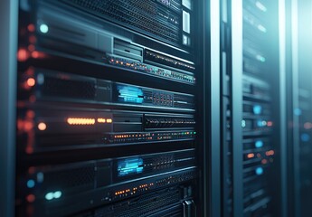 Aufkleber - Close-up 3D render of sleek black server racks with glowing blue and orange LEDs. Perfect for IT infrastructure, cloud systems, data processing, and cybersecurity visuals