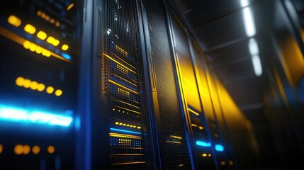 Aufkleber - Futuristic server room with glowing blue and yellow LED panels and sleek metallic surfaces. Ideal for illustrating cybersecurity, data infrastructure, and tech innovation