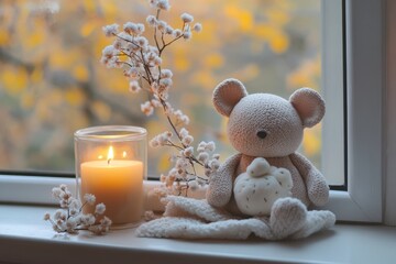 Leinwandbilder - Cozy window sill with tea, soft candlelight, and a charming mouse plushie creating a serene atmosphere on a peaceful afternoon