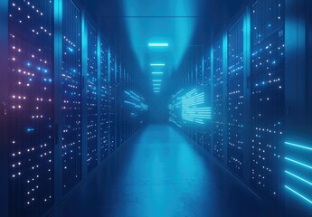 Poster - Futuristic server room hallway with glowing blue lights and digital pulse lines. Ideal for cybersecurity, AI data flow, cloud infrastructure, and network technology visuals