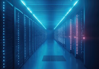 Poster - Blue-lit futuristic server room with symmetrical rows of glowing racks and a reflective floor. Ideal for themes like cloud computing, cybersecurity, and digital infrastructure