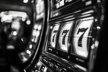 Poster - art representation of a classic slot machine featuring the iconic number 7 in black and white design