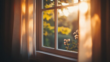 Aufkleber - Warm glowing light filters through a window framing peaceful outdoor greenery and soft floral accents in a cozy setting during golden hour