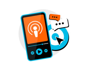 Poster - Podcast marketing uses audio content and storytelling to build trust, increase engagement and promote brands through digital channels. Podcast marketing and audio advertising vector illustration