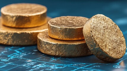 Poster - Shiny gold coins stacked neatly in a pile against a digital background of a futuristic field of technology