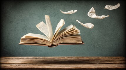 Poster - Enigmatic book floating away under a glowing radar beam symbolizing knowledge and freedom in a mystical setting