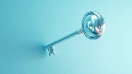 Poster - single key resting on a blue background representing security and access to new horizons in a modern