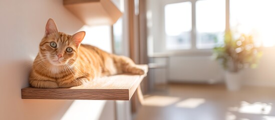  Cute ginger tabby cat relaxing in a cozy, sunlit corner
