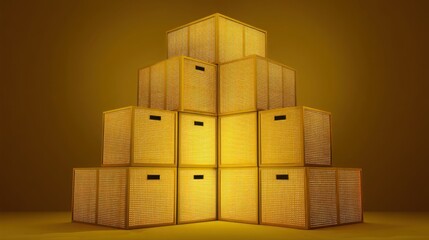 Poster - Stack of wooden crates arranged neatly with a glowing cube illuminating the surroundings in a rustic environment