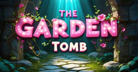 Aufkleber - Bright pink title Garden Tomb dominates image. Stone archway frames path leading into darkness. Lush greenery surrounds lettering, creating mystical atmosphere.