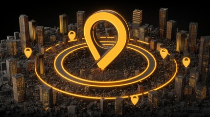 Poster - Urban landscape with a bright yellow pin indicating a specific location symbolizing success and achievement in city life