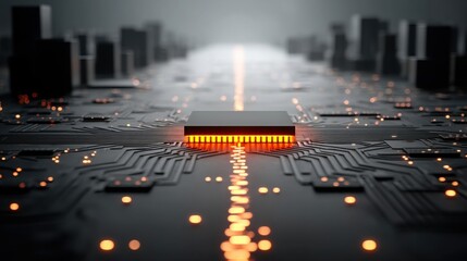 Poster - Circuit board with lit orange light representing connection between ai technology and digital currency systems