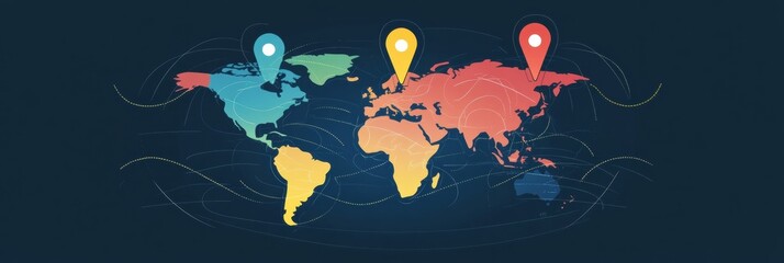Leinwandbilder - Colorful world map with location pins representing different regions and connections in an abstract flat style design