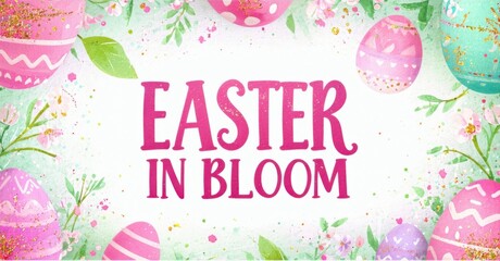 Poster - Festive Easter graphic features colorful eggs, floral elements. Text reads Easter in Bloom over light background. Springtime celebration imagery, bright cheerful design.
