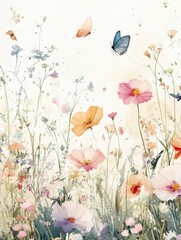 Poster - Watercolor floral field with delicate butterflies soaring among pastel blooms in a tranquil environment