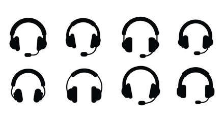 headphones, headset sihouette icon set, vector on white background.