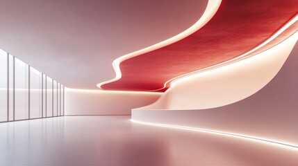 Leinwandbilder - Clean modern space with a flowing curved wall and matte red ceiling, illuminated with diffused white light