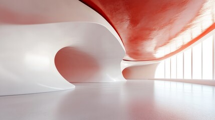 Poster - Spacious interior with smooth white curved surfaces and a dramatic red ceiling for product placement mockups