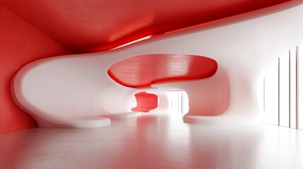 Poster - Spacious interior with smooth white curved surfaces and a dramatic red ceiling for product placement mockups